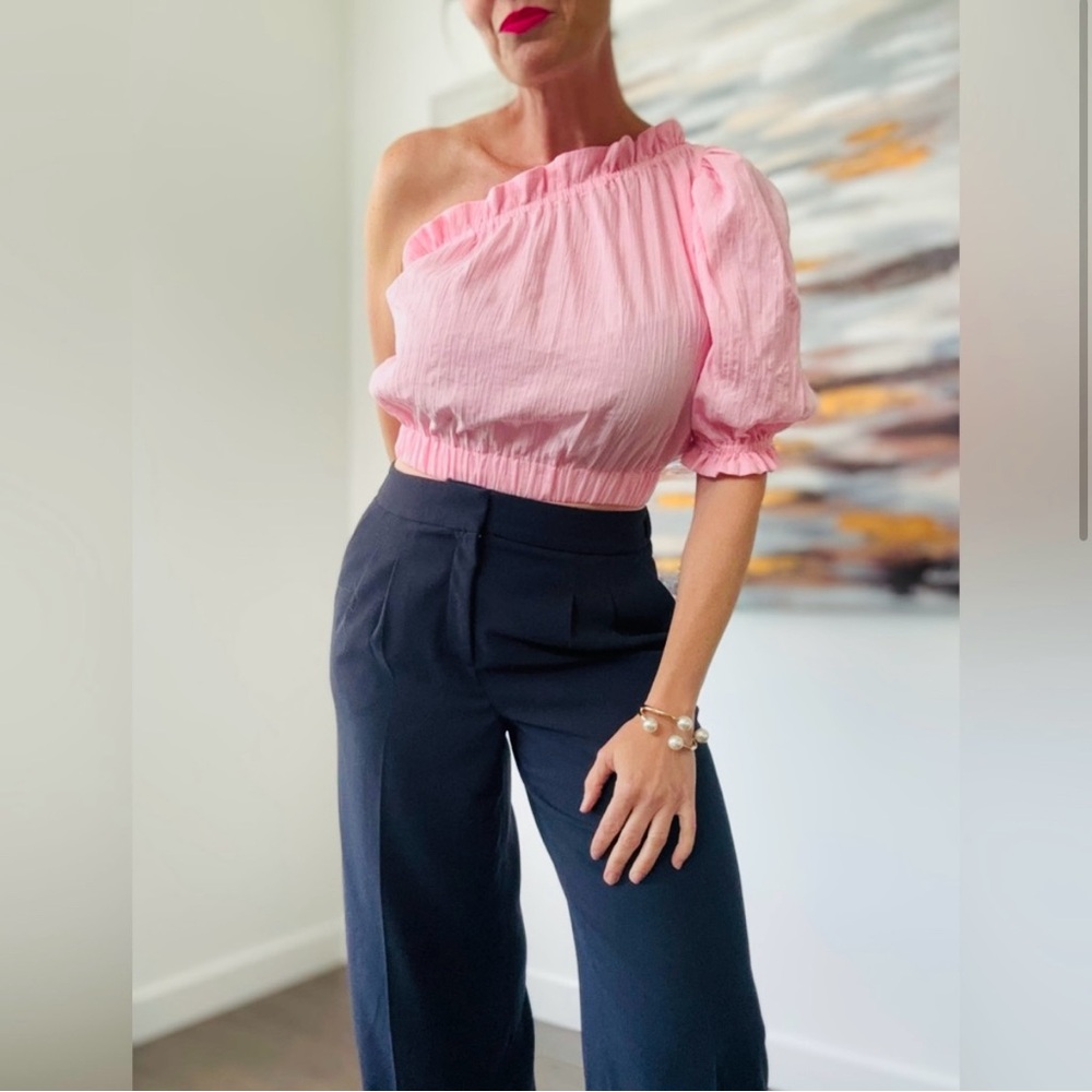 One Shoulder Pink Puff Sleeve Top